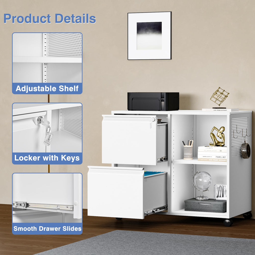 Metal 2 Drawer File Cabinet with Side Hook, Lockable Lateral Filing Cabinet for Letter/A4/Legal Size Files,Rolling Printer Stand with Adjustable Shelf & Lockable Wheelss for Home Office(White)
