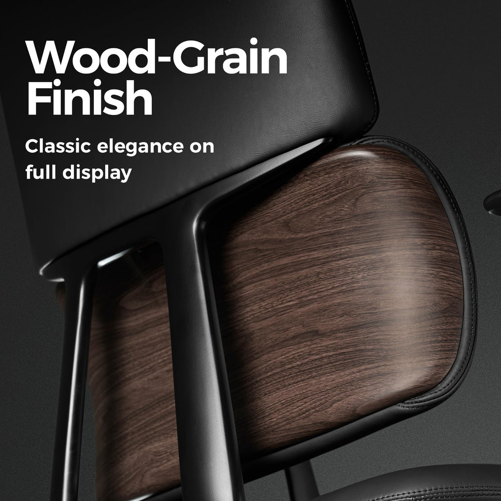 Genuine Leather Office Desk Chair, Ergonomic Leather Executive Office Chair, Upgraded Wood Grain Finish and S Curve Back with Solid Aluminum Frame, Luxury and Mordern