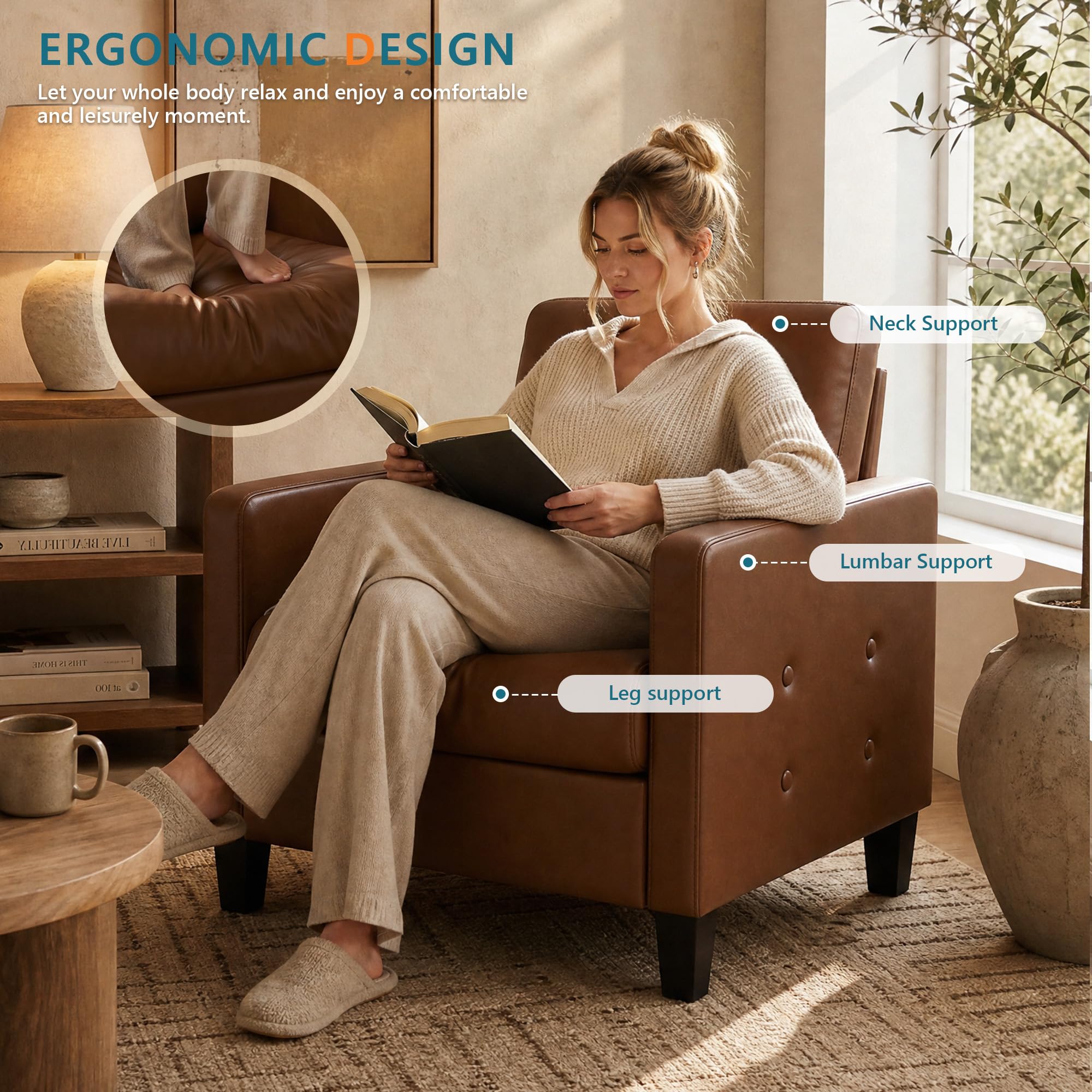 Accent Chair, Brown Leather Chair, Mid-Century Modern Living Room Chairs, Cozy Office Reading Chair with Tufted Seat and Armrest, Reception Armchairs for Bedroom, Waiting Room