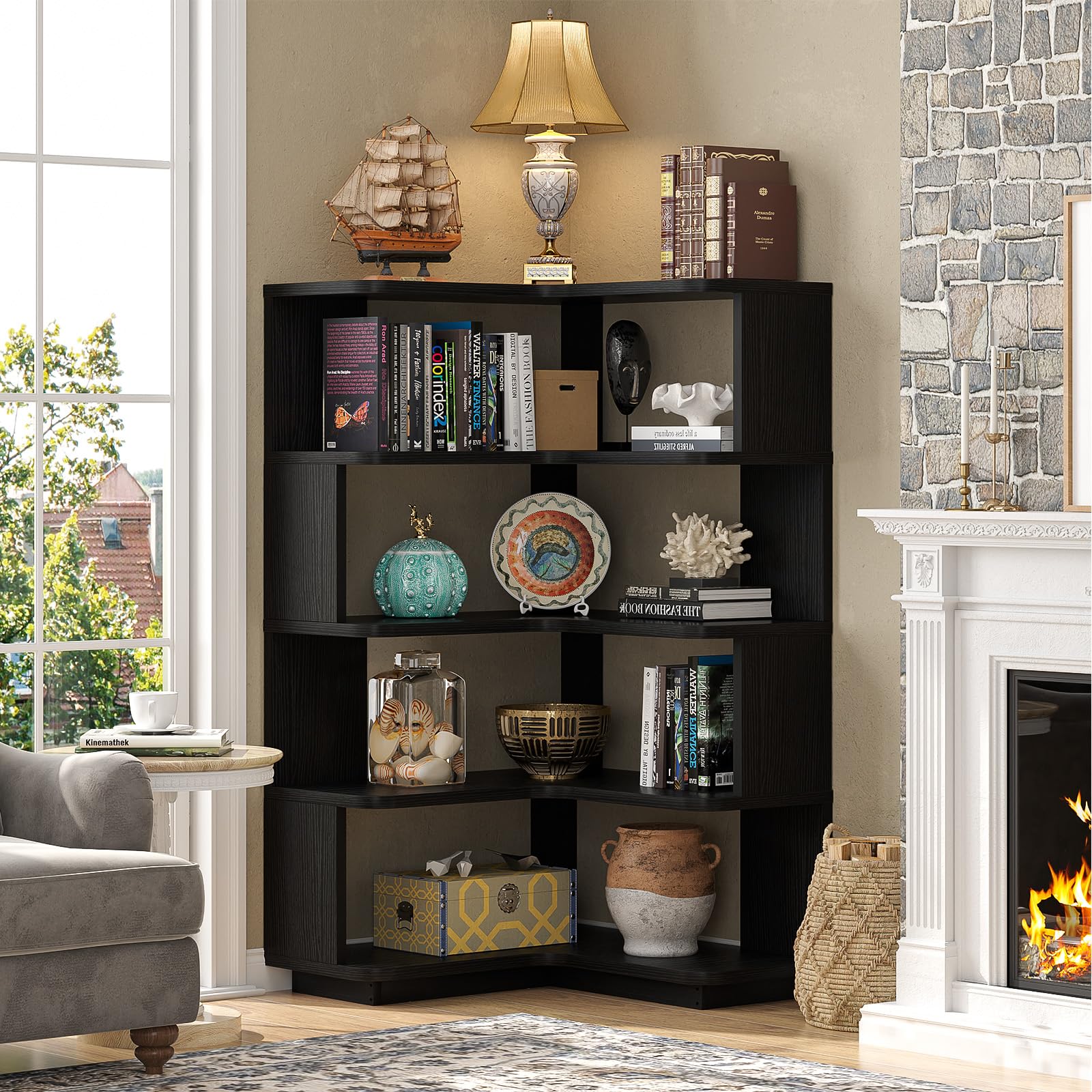 Corner Book Shelf - 5-Shelf L Shaped Corner Bookshelf with Baffle