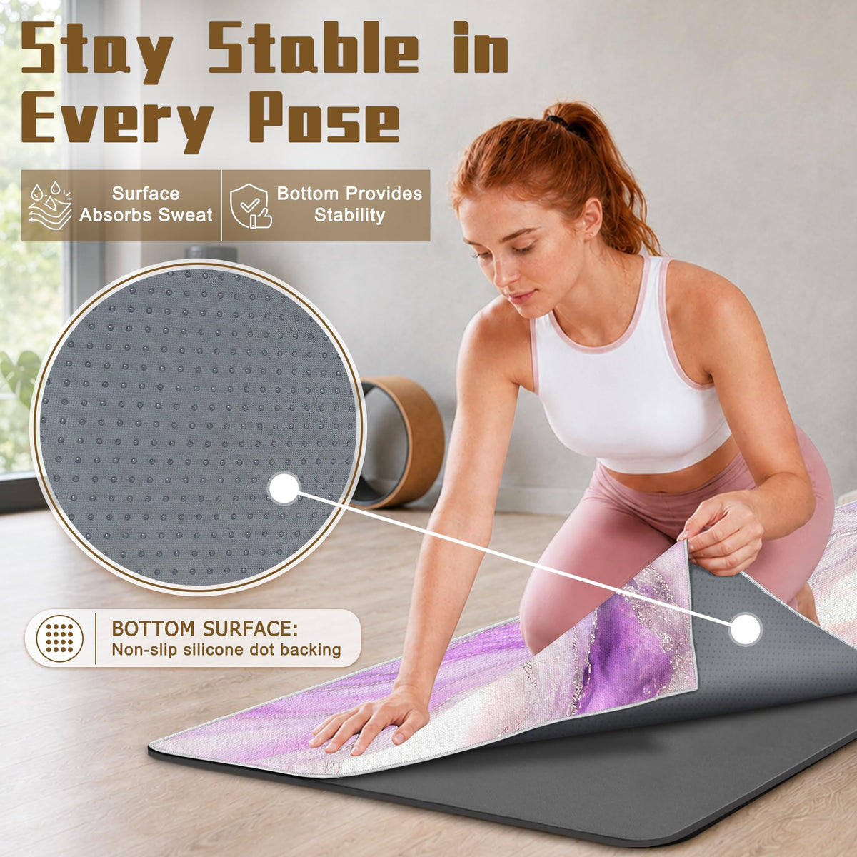 Yoga Mat Towel, Hot Yoga Towel High-Definition Pattern, Machine Washable with Ultra-Absorbent Yoga Towels for Hot Yoga Non Slip for Fitness, Exercise, Pilates, 72 x 27 in, Purple Ripples