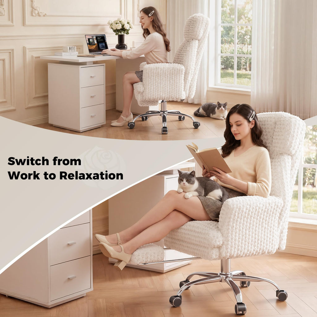 Big and Tall Office Chair, Flip Armrests for Pets & Cross Legged Sitting, Executive Ergonomic Computer Gaming Chair with Foot Rest, White Rose Velvet Wide Seat Reclining Desk Chair