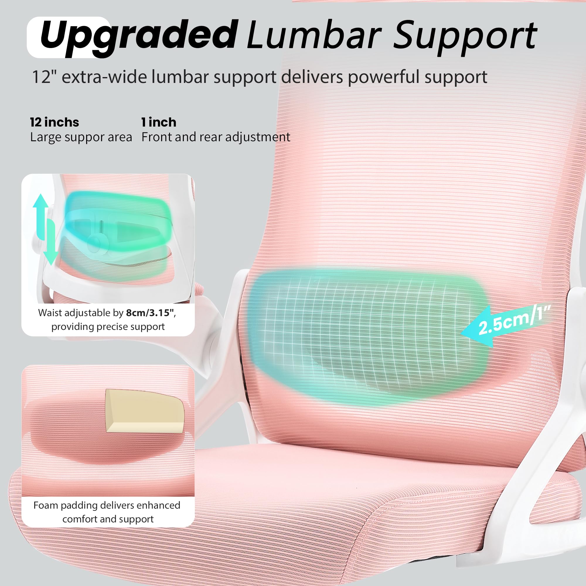 Ergonomic Office Chair, 400 LBS Desk Chair with Adjustable Lumbar Support, High Back Breathable Mesh Computer Chair Rolling Work Swivel Task Chairs, Comfy Home Office Desk Chair (Pink)