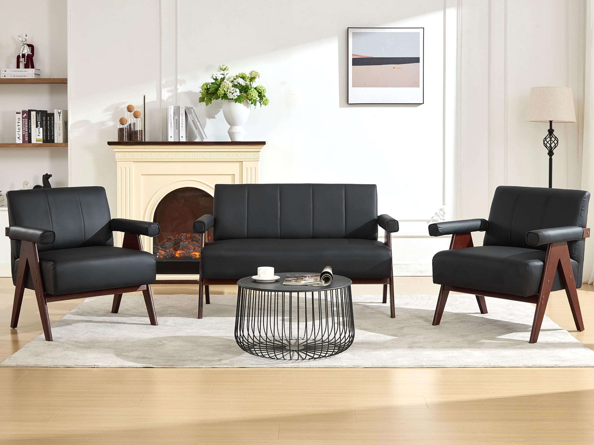 Black Leather Loveseat Sofa and Accent Chairs Set of 2, Mid-Century Modern Office Furniture Couch and Chair Set, Small Love Seat Couches with Wood Arm, 3 Pieces Living Room Furniture Sets (3)