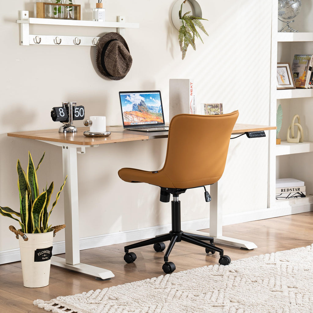 Ergonomic Home Office Chair with Wheels Comfy Armless Desk Chair with Back Adjustable Height Modern Leather Upholstered Swivel Vanity Chair Small Cute Rolling Task Computer Chair Tan