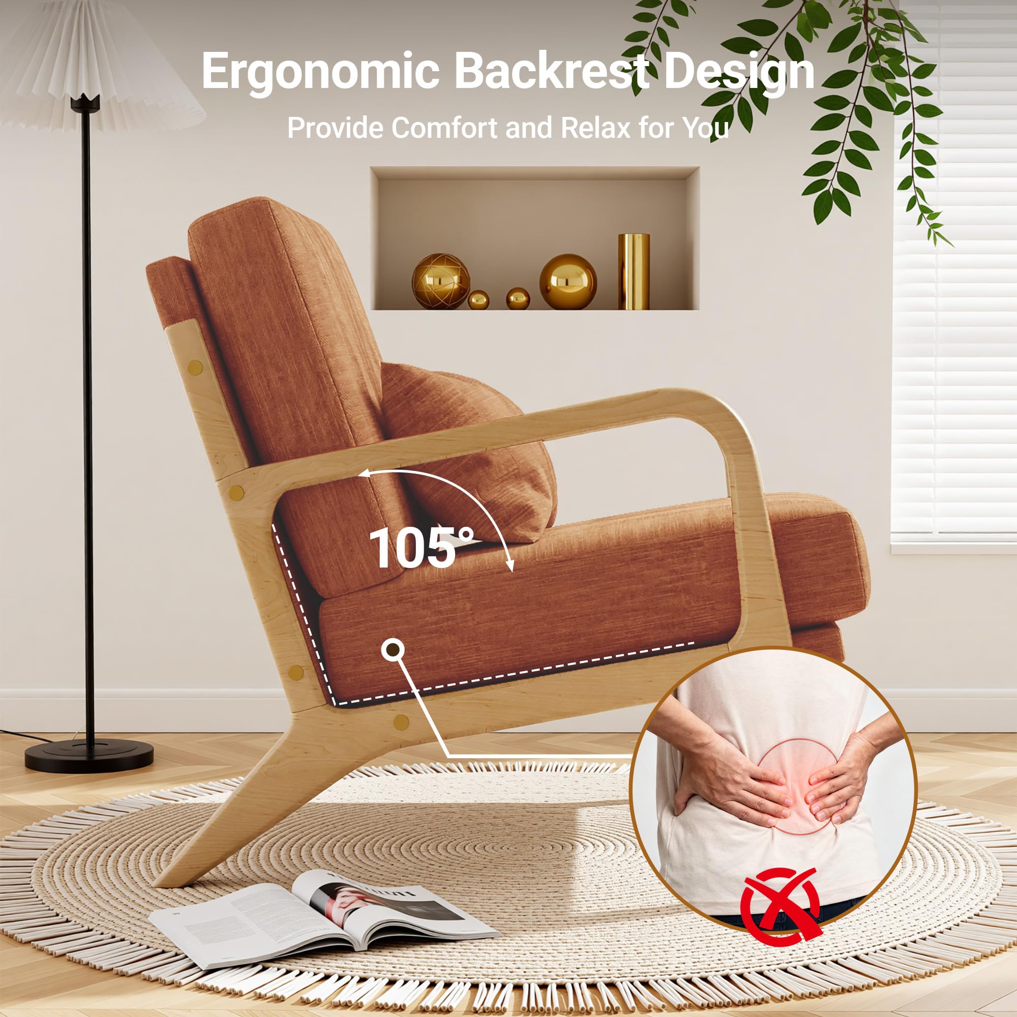 Mid-Century Modern Accent Chair, Armchair with Solid Wood Frame & Lumbar Pillow, Comfy Upholstered Lounge Chair for  Office, Bedroom, Linen-Like Fabric, Orange