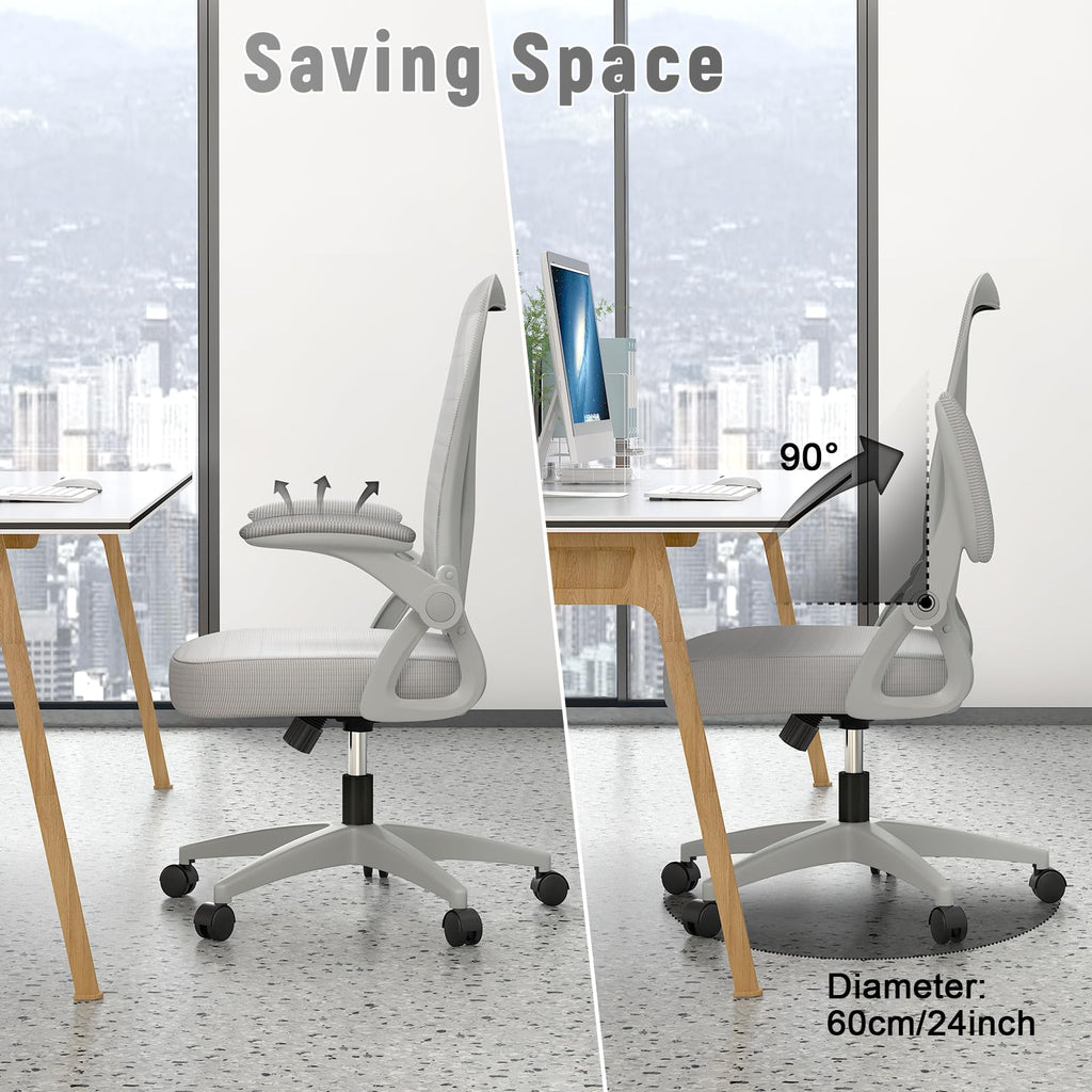 Ergonomic Office Chair, Mid Back Desk Chairs with Adjustable Height, Swivel Chair with Flip-Up Arms and Lumbar Support, Breathable Mesh Computer Chair for Home/Study/Working, Grey