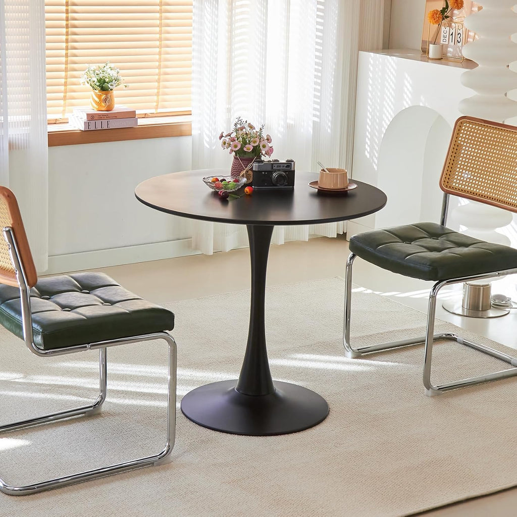 Hansweld Round Dining Table, 24" Circle Tulip Table with Thickened Tabletop & Metal Pedestal, Mid Century Modern Bistro Table for Kitchen, Small Places, Living Room, Cafe (Black)