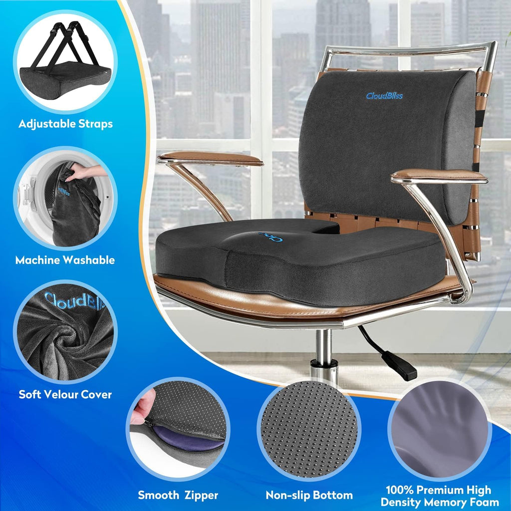 Lumbar Support Pillow & Seat Cushion Set for Office Chair, Desk Chair, Wheelchair & Car–Memory Foam Back Support, Ergonomic Chair Cushions,Sciatica Pain Relief,Home Essentials(Grey,XL)
