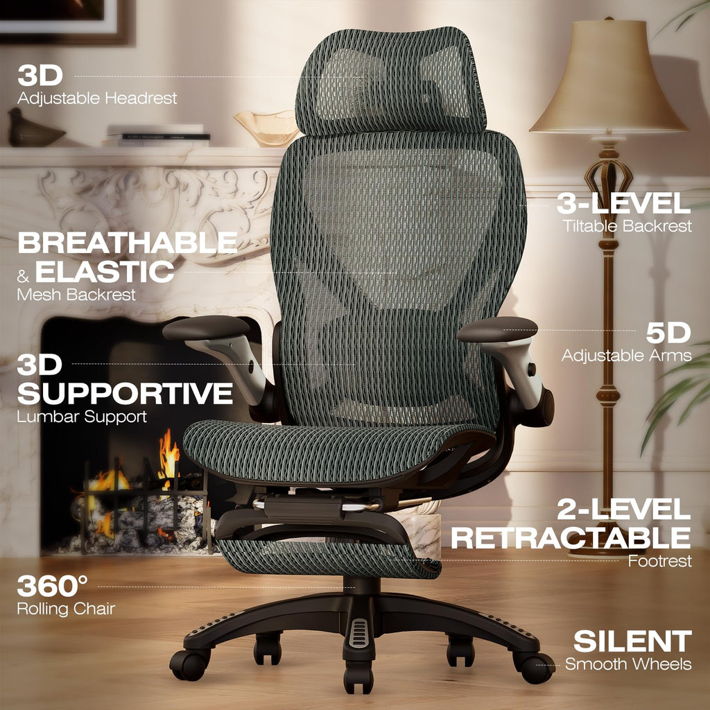 X100 Ergonomic Mesh Office Chair with Footrest, Big and Tall Hone Desk Chair with 5D Flip-Up Arms, Adjustable 3D Lumbar Support,Gaming & Executive Computer Chairs for Long Hours (Dusty Sage)
