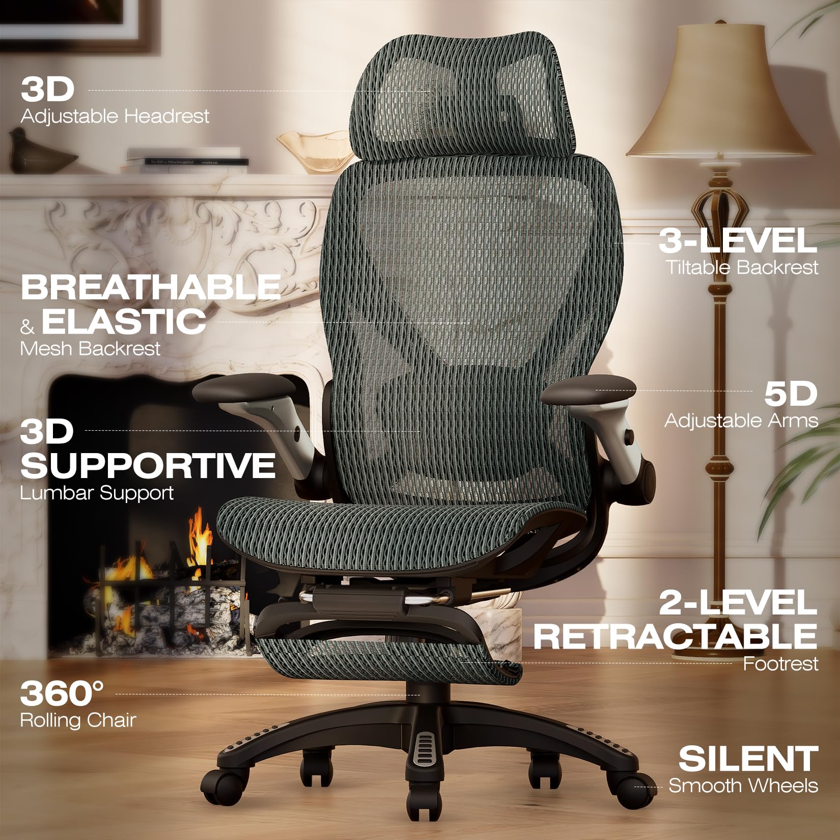 X100 Ergonomic Mesh Office Chair with Footrest, Big and Tall Hone Desk Chair with 5D Flip-Up Arms, Adjustable 3D Lumbar Support,Gaming & Executive Computer Chairs for Long Hours (Dusty Sage)