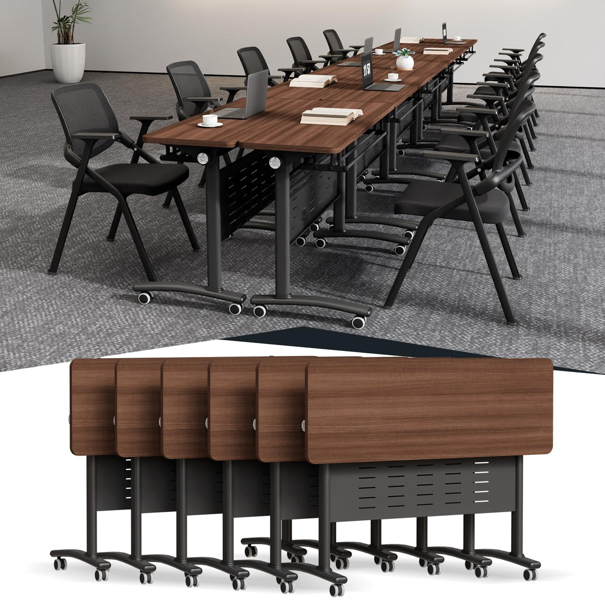 Conference Room Tables White,Folding Rectangular Flip Top Conference Table with Wheels for Large Meeting Seminar Home Office Classr (4, Little Walnut, 47.2 * 15.7in)