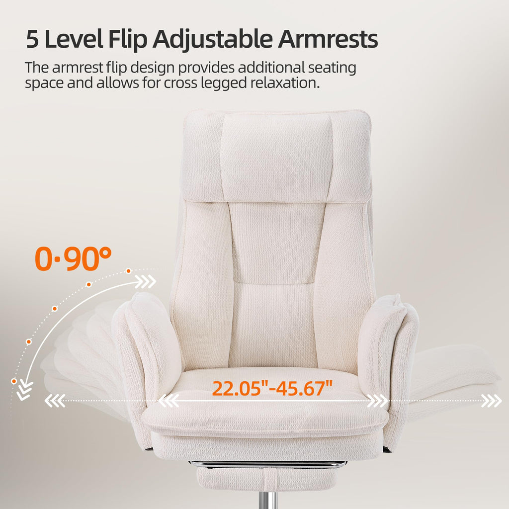 Criss Cross Office Desk Chair with Foot Rest and Flip Armrests for Pets Friendly & Extra Space, Ergonomic Reclining Gaming Computer Chair with Lumbar Pillow(Chenille Fabric Off-White)