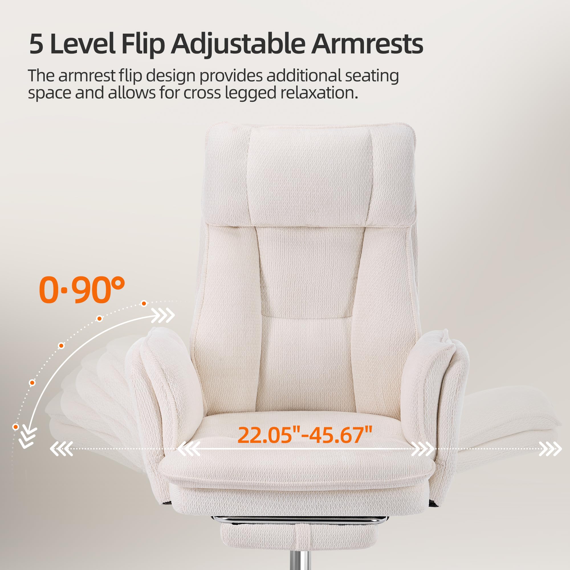 Criss Cross Office Desk Chair with Foot Rest and Flip Armrests for Pets Friendly & Extra Space, Ergonomic Reclining Gaming Computer Chair with Lumbar Pillow(Chenille Fabric Off-White)