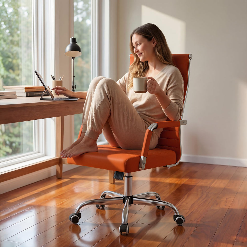 (2, Orange) Ergonomic Office Desk Chair, Executive Ribbed Mid-Back PU Leather Conference Room Chair Adjustable Swivel Chair with Arms