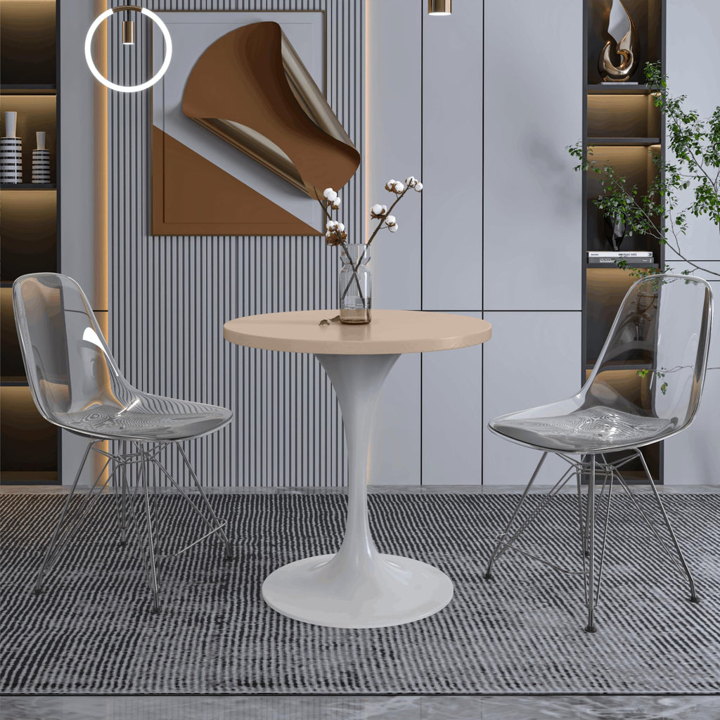 LeisureMod Verve Mid-Century Modern 27 Inch Round Dining Table, MDF Wood Tabletop with White Steel Pedestal Base, Contemporary Kitchen & Dining Room, Small Space Breakfast Table, Light Natural Wood
