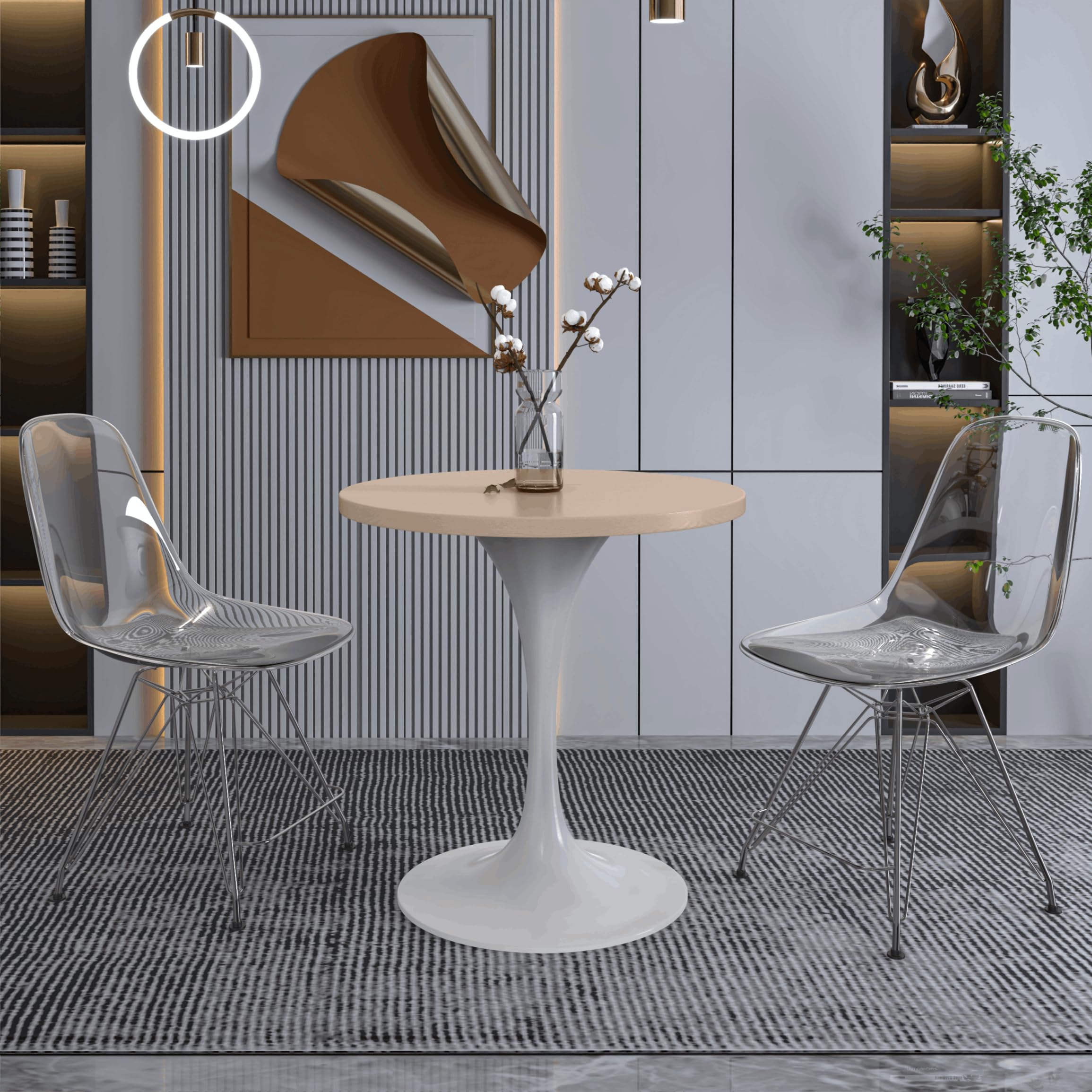 LeisureMod Verve Mid-Century Modern 27 Inch Round Dining Table, MDF Wood Tabletop with White Steel Pedestal Base, Contemporary Kitchen & Dining Room, Small Space Breakfast Table, Light Natural Wood