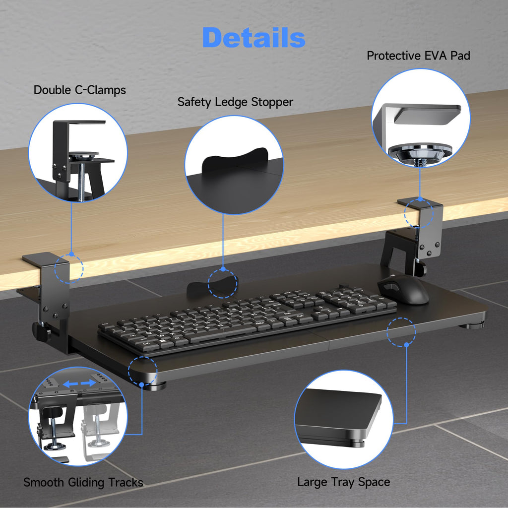 Keyboard Tray Under Desk Large C-Clamp 25.6” (30” Including Clamps) x 11.8” Slide-Out Platform Computer Drawer Pull Out Keyboard & Mouse Tray Black