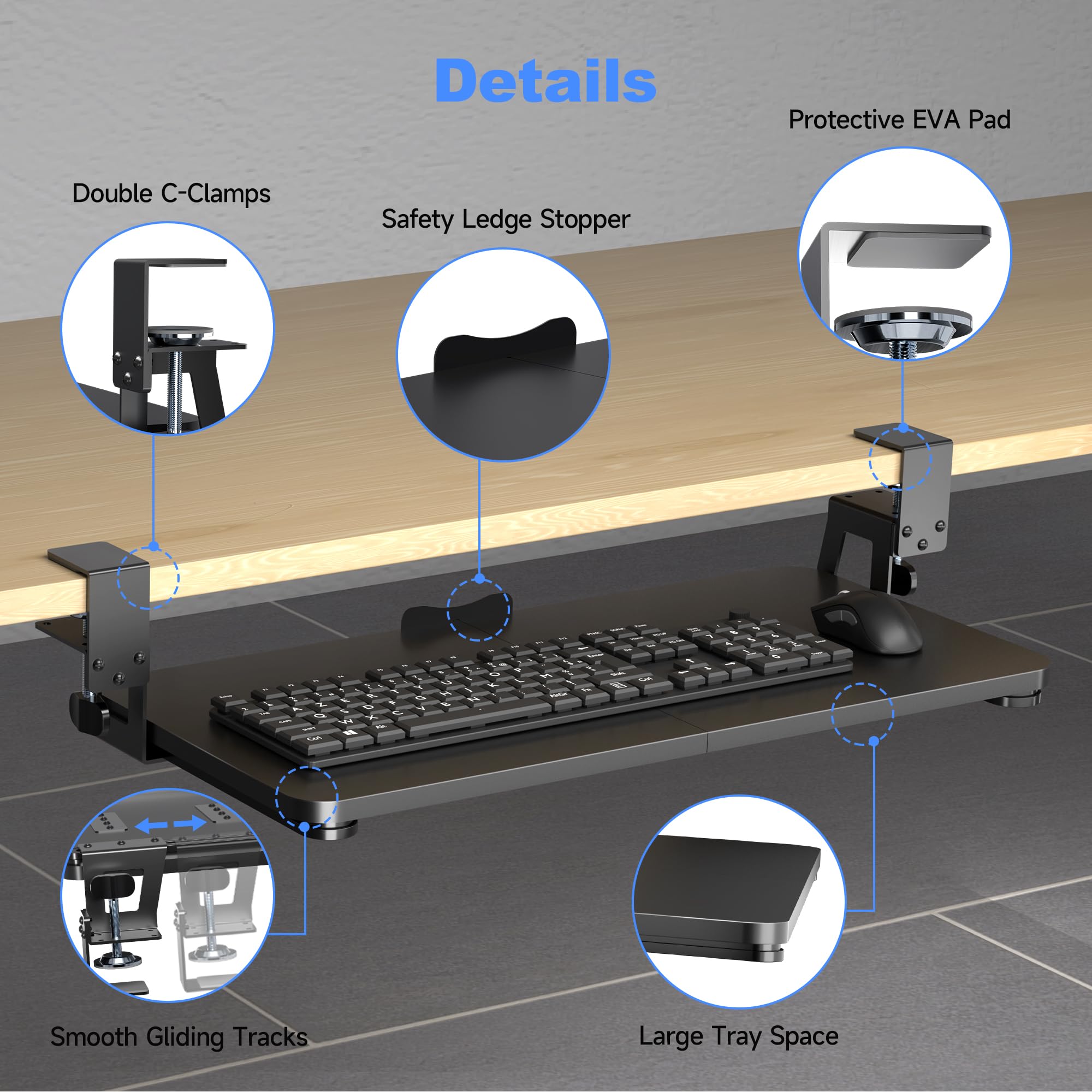 Keyboard Tray Under Desk Large C-Clamp 25.6” (30” Including Clamps) x 11.8” Slide-Out Platform Computer Drawer Pull Out Keyboard & Mouse Tray Black