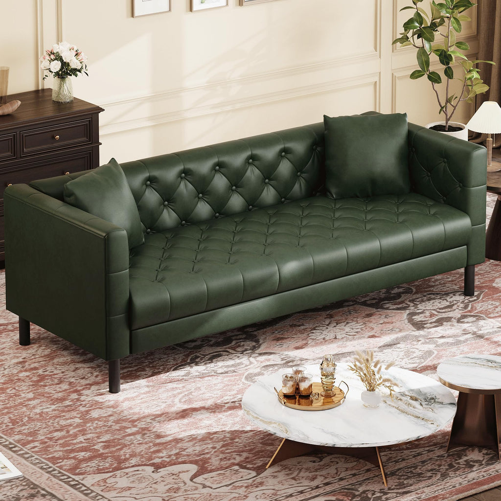 81 in Leather Couch, Modern Sofa Couch with Deep Seat, Handmade Button Tufted 3 Seater Sofa, Leather Sofa for Apartment, Office, Green