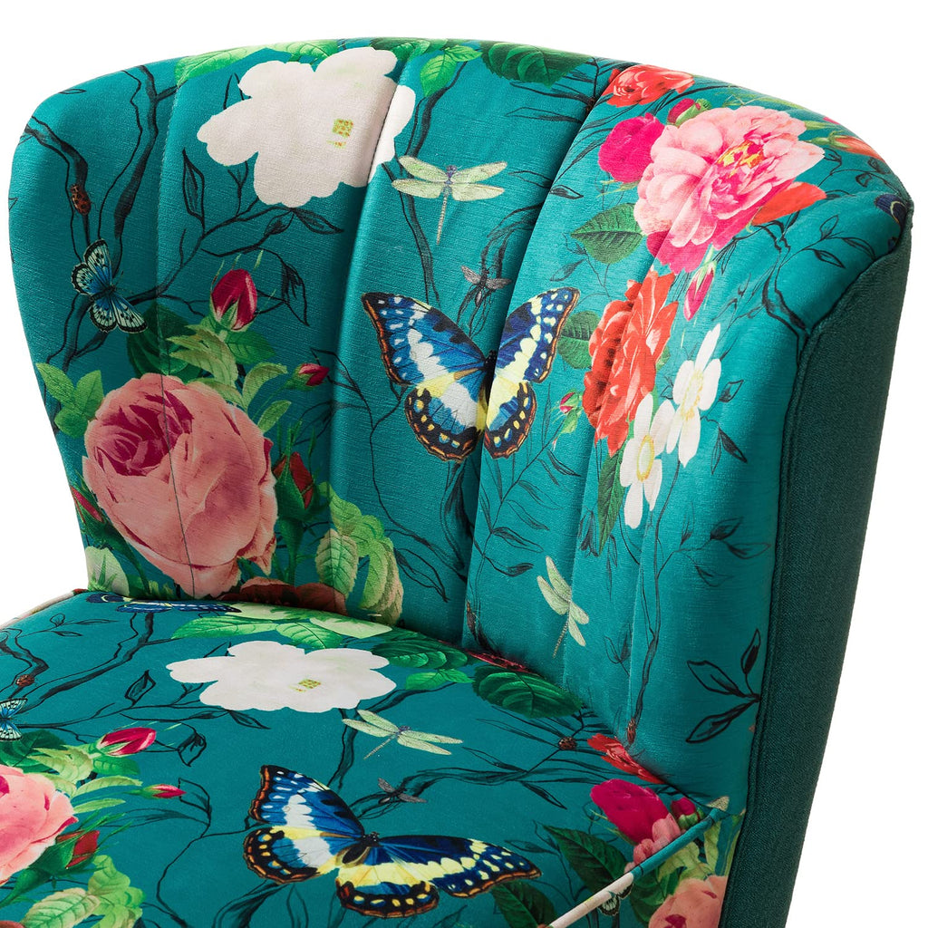 Accent Chair with Golden Metal Legs, Comfy Tufted Wingback Living Room Chair Floral Fabric Small Armless Side Chair, Upholstered Slipper Chair for Bedroom, Reading Room (Flower Print&BLUE)