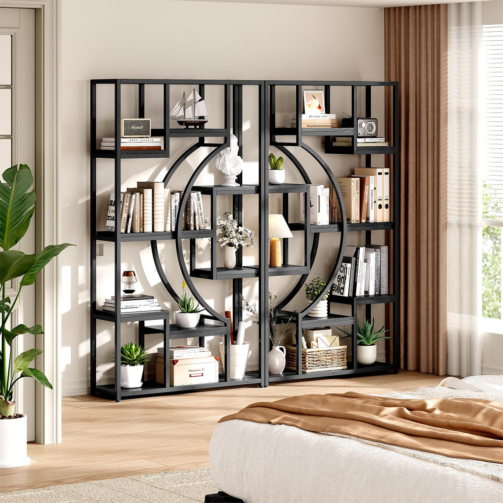 Bookshelf Set of 2 with Metal Frame, 5 Tier Geometric Bookcase, Adjustable Modern Book Shelf with 18 Open Storage Shelves, Display Shelf for Living Room, Office, Bedroom,Black