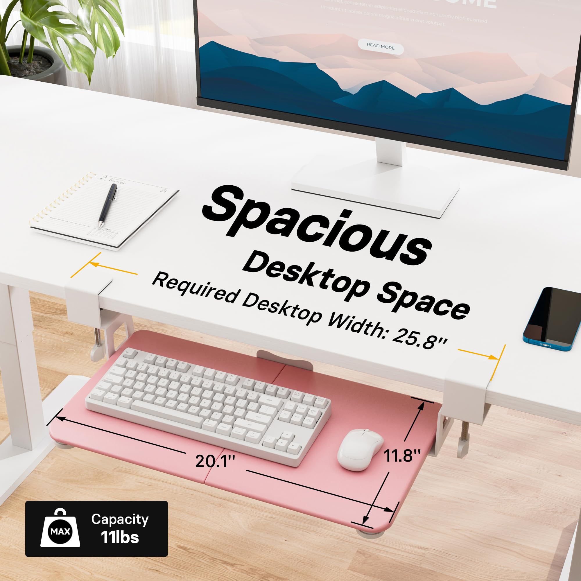 Under Desk Keyboard Tray, Pull-Out Keyboard & Mouse Platform with C-Clamp, 20 x 11.8 in Space-Saving Ergonomic Slide-Out Drawer, Pink