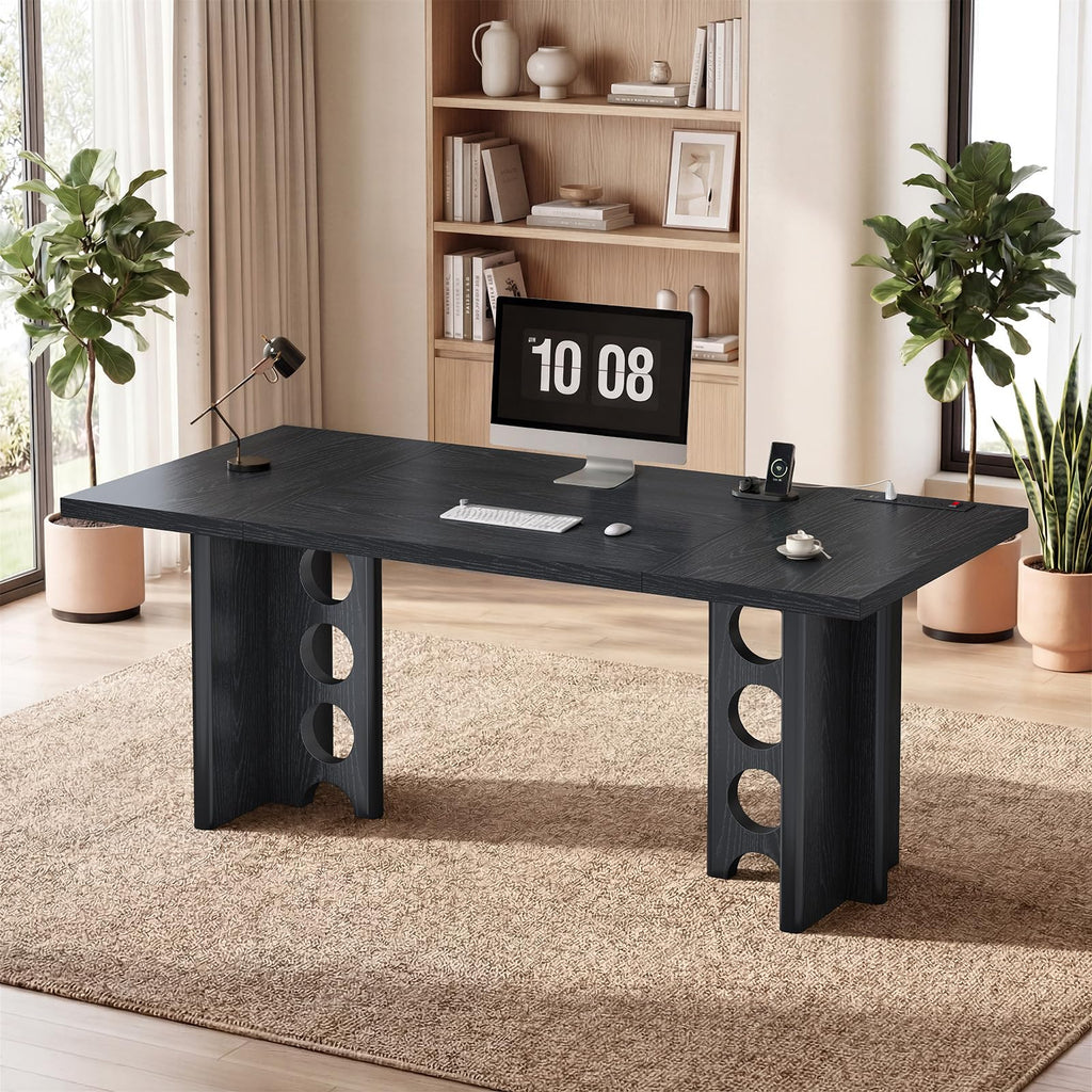 63 Inch Executive Office Desk, Large Computer Office Desks with Power Outlet, Modern Laptop Desk Writing Table Workstation Business Furniture for Home Office, Black
