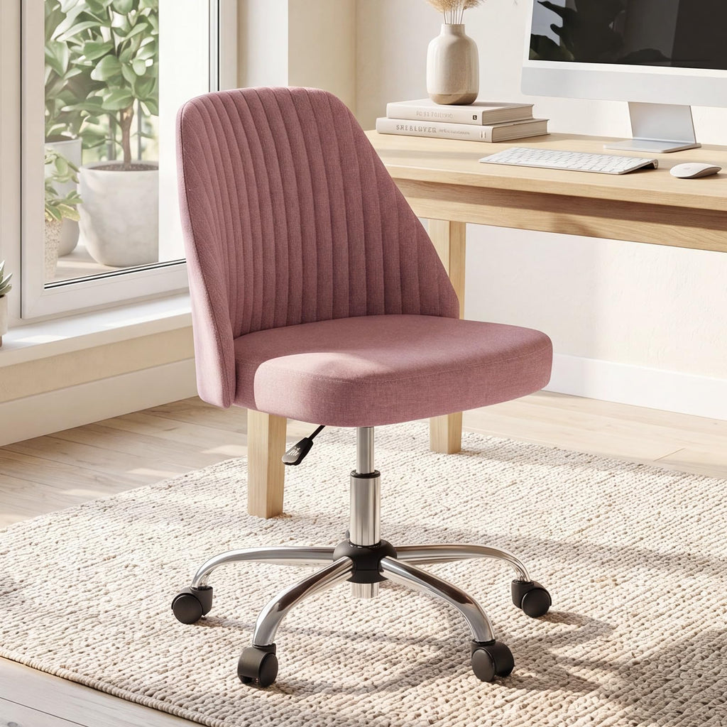 Office Desk Chair, Modern Cute Rolling Vanity Swivel Task Seating with Wheels, Comfortable Back Seat Armless for Home, Bedrooms, Study, Student, Adults, Make-Up, Dressing Room Dusty Rose