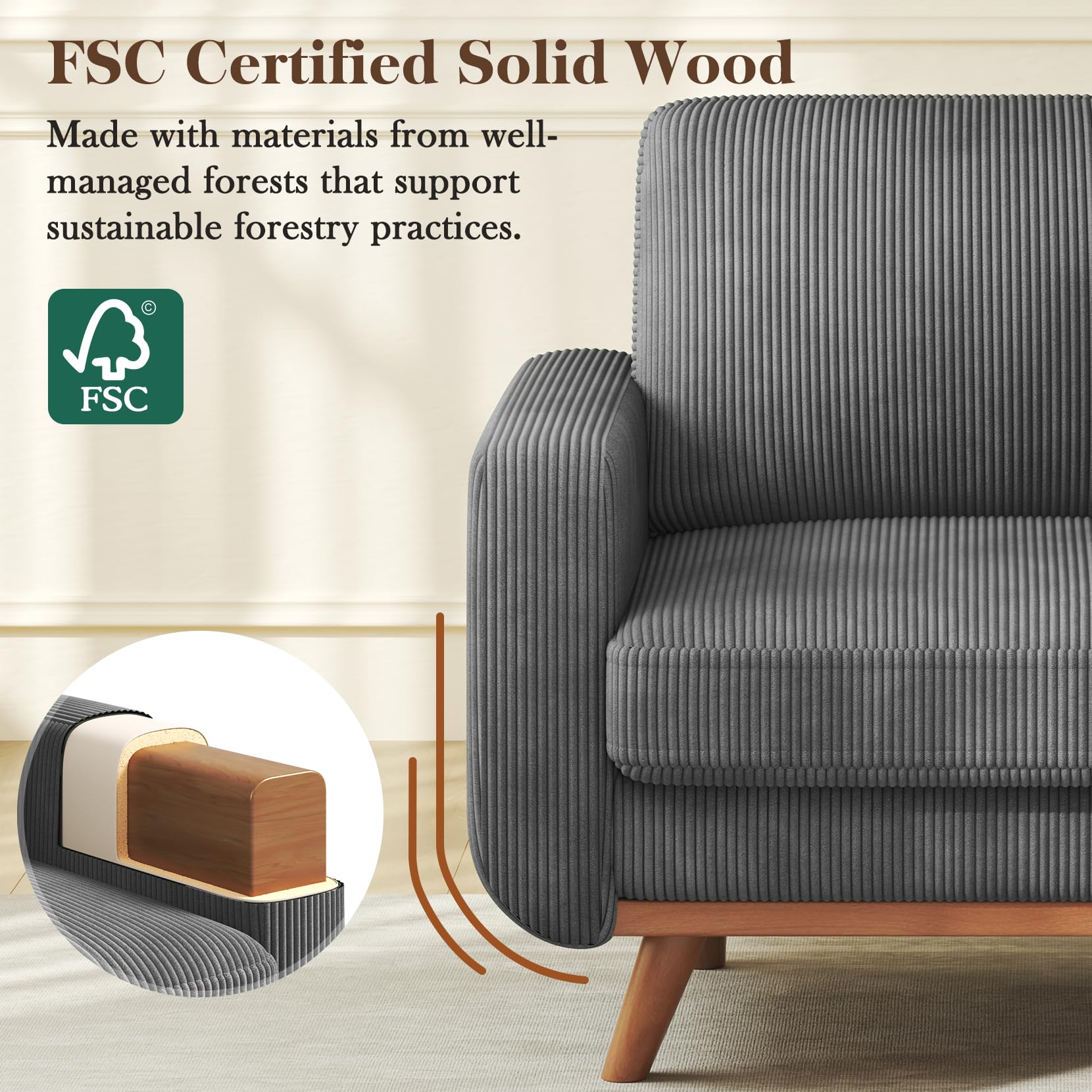 38.5" Accent Chair Dark Gray, Comfy Corduroy Single Sofa Seat with Spring Cushion, Upholstered Armchair with Deep Seat, Reading Chair for Adults, Modern Sofa for Living Room, Bedroom