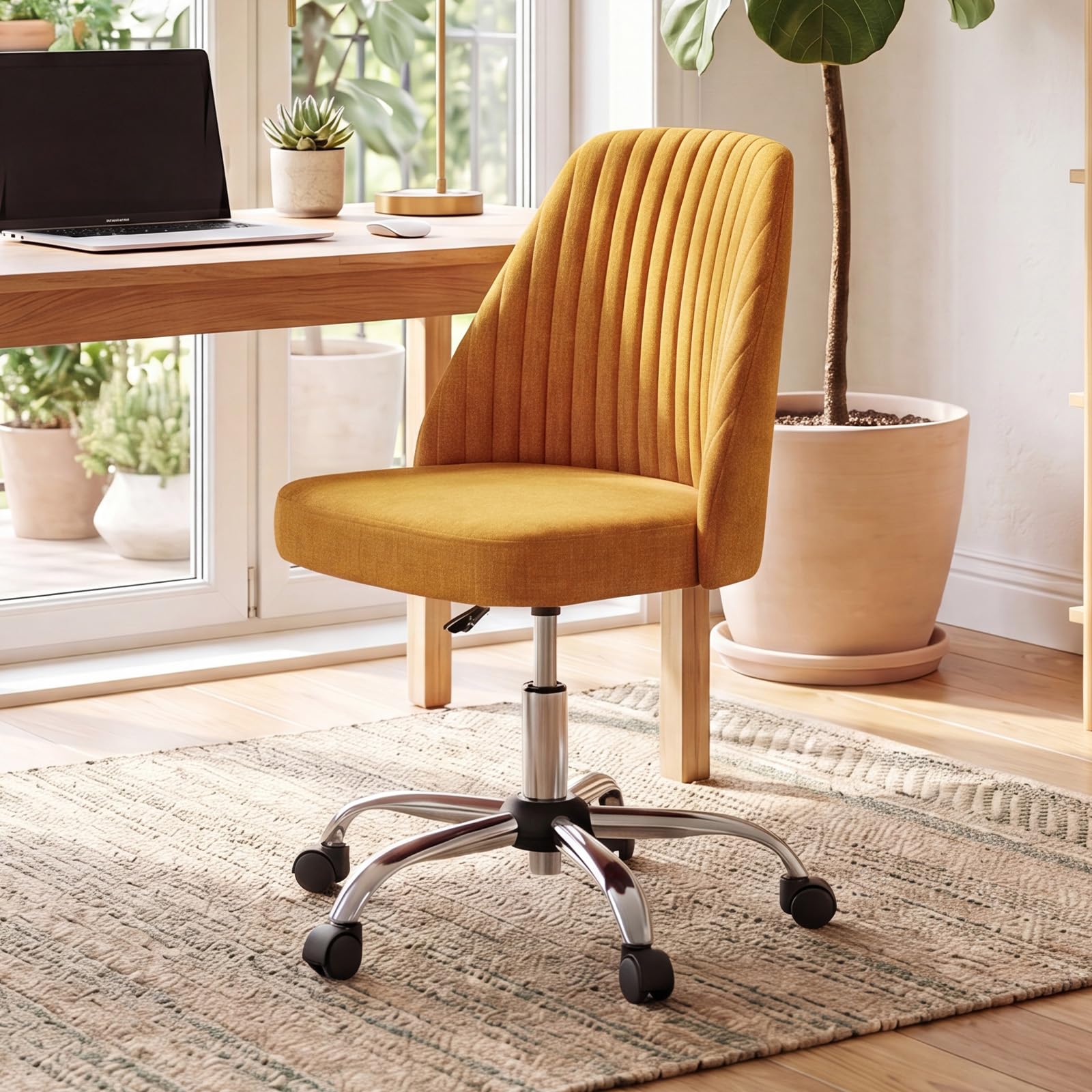 Office Chair, Comfy Desk Chair Rolling Vanity Swivel Task Chairs with Wheels, Wide Seating Armless Height Adjustable Computer Chairs for Home,Bedroom,Student,Adults, Dark Yellow