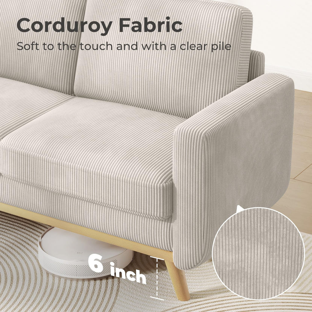 68" Loveseat Sofa Light Grey, Comfy Corduroy Couch with Spring Cushion and Solid Wood, Modern Deep Seat for Bedroom, Living Room, Office