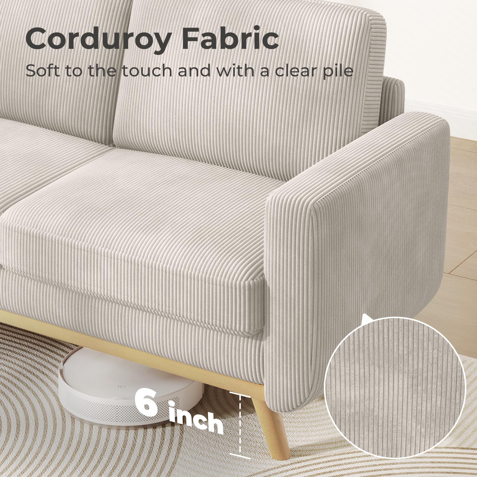 68" Loveseat Sofa Light Grey, Comfy Corduroy Couch with Spring Cushion and Solid Wood, Modern Deep Seat for Bedroom, Living Room, Office