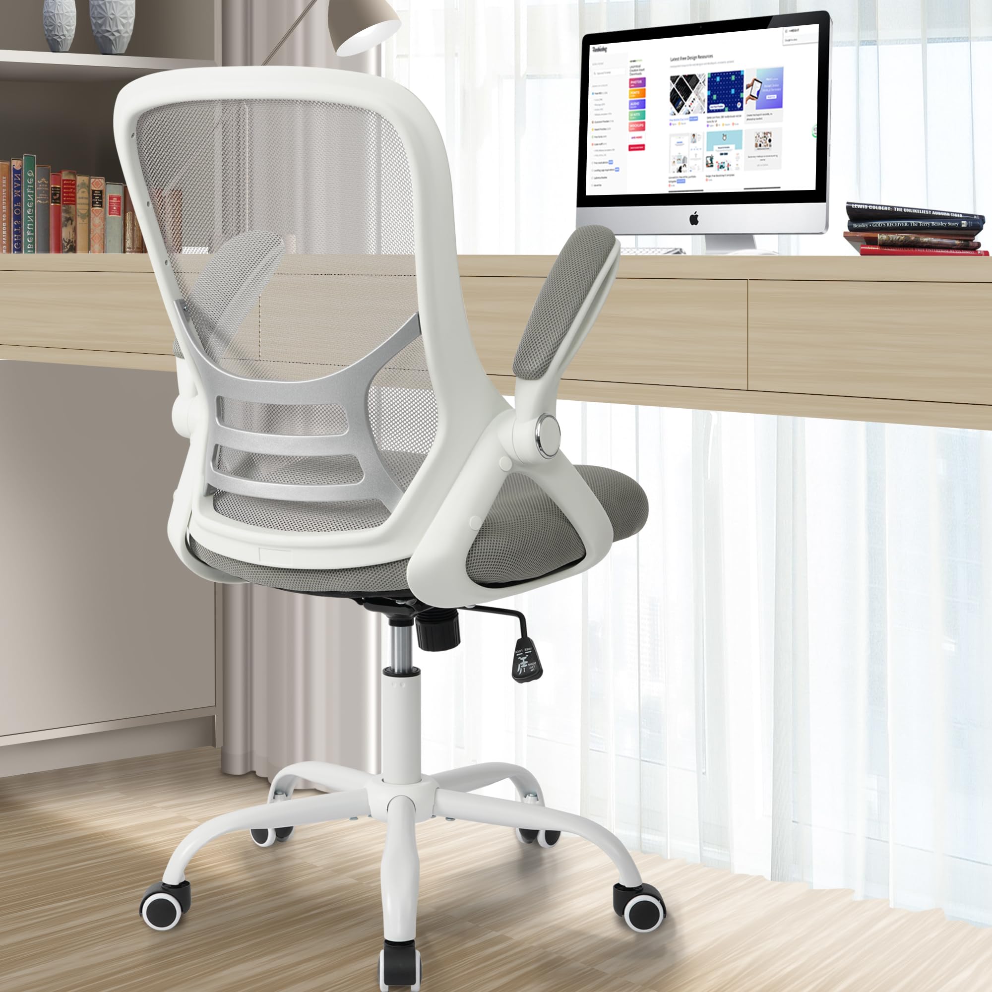 Office Chair Ergonomic Chair with Flip up Armrests, Thickened Seat Computer Chair with Breathable Mesh Back Home Office Computer Chairs for Long Hours Mesh Office Chair(Grey)