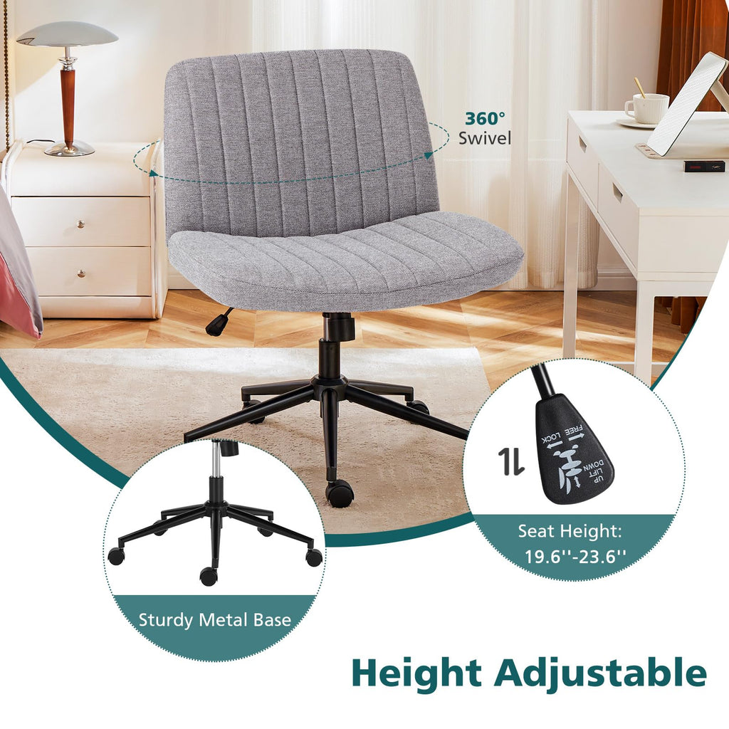 Criss Cross Chair with Wheels Wide Cross Legged Office Desk Vanity Chair Comfy Fabric Armless Height Adjustable Swivel for Home Computer Task Gray