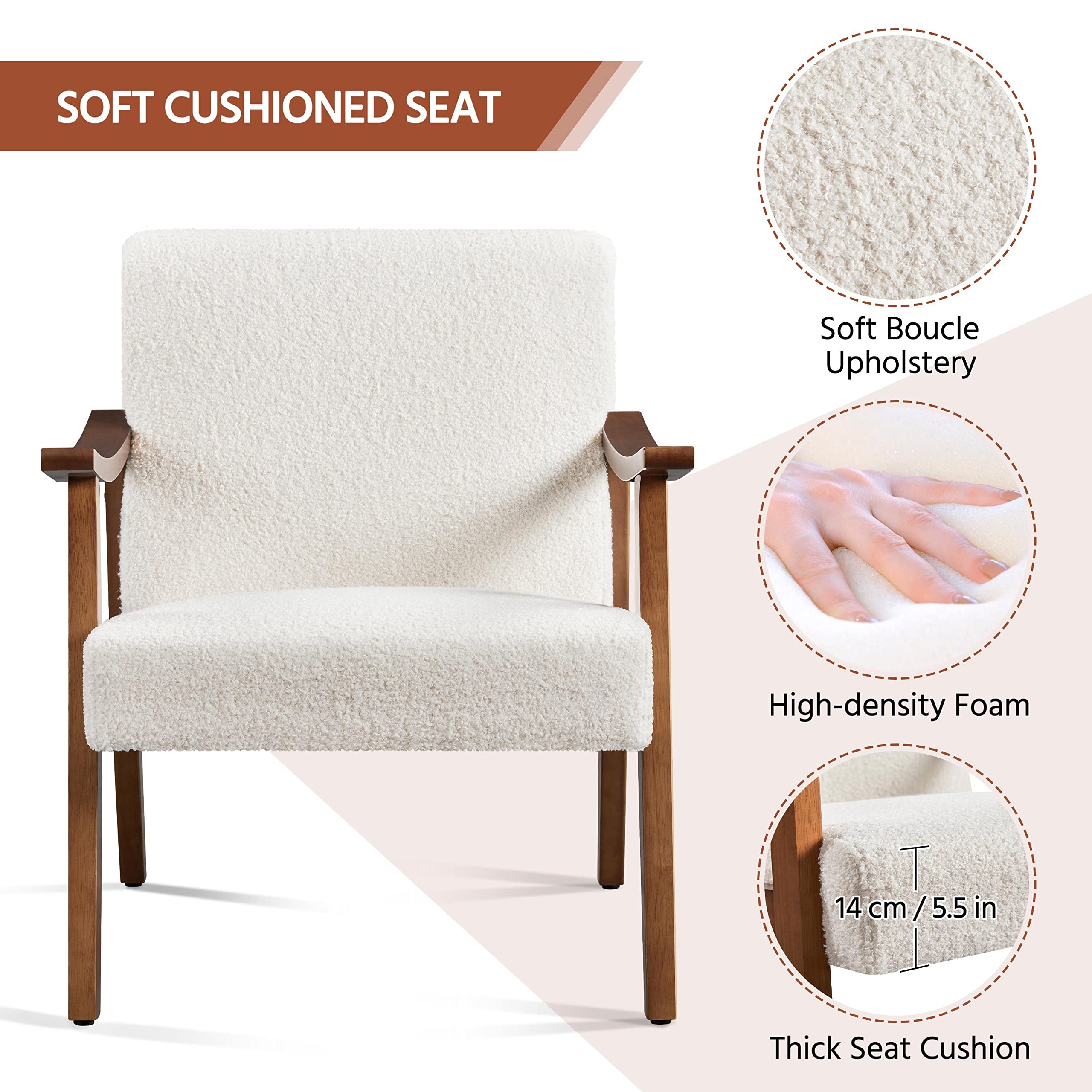 Fabric Accent Chair, Mid-Century Modern Armchair with Solid Wood Legs, Reading Leisure Chair with High Back for Living Room Bedroom Waiting Room,Ivory
