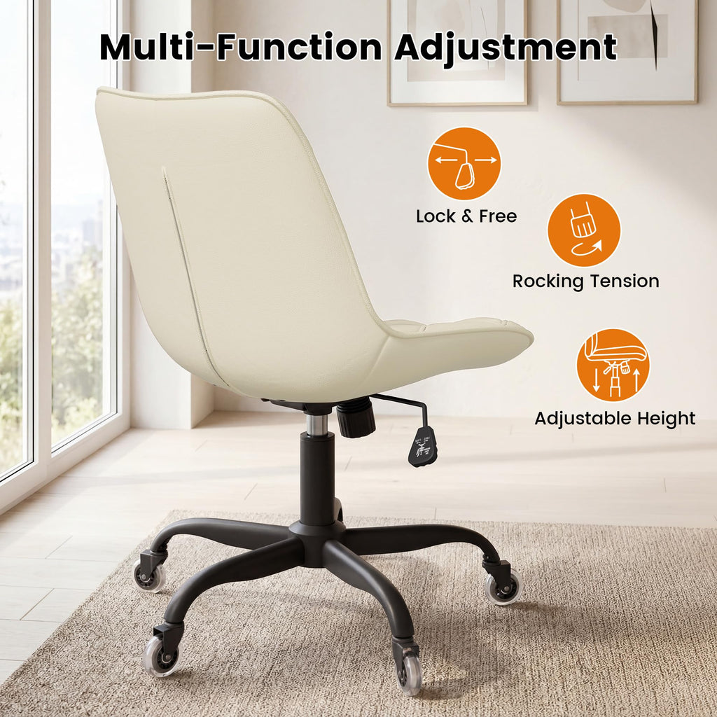 Armless Office Chair, Mid Back Modern Desk Chair with Rubber Wheels, 360 Swivel PU Leather Office Chair No Arms, Adjustable Height Small Computer Chair, Armless Desk Chair for Office, White