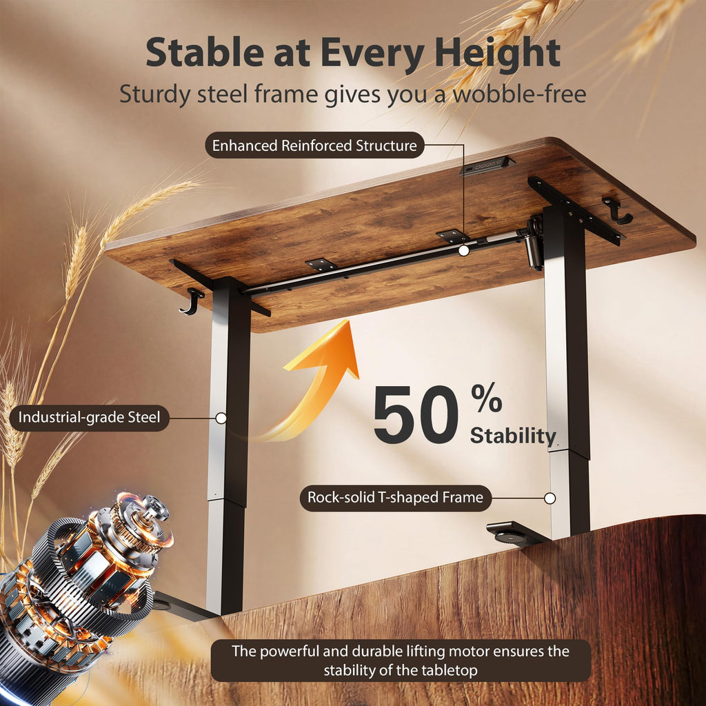 Standing Desk, 55x28 Inches Sit Stand Home Office Desk, Electric Stand up Desk, Adjustable Desk with Splice Board, Black Frame/Rustic Brown Top