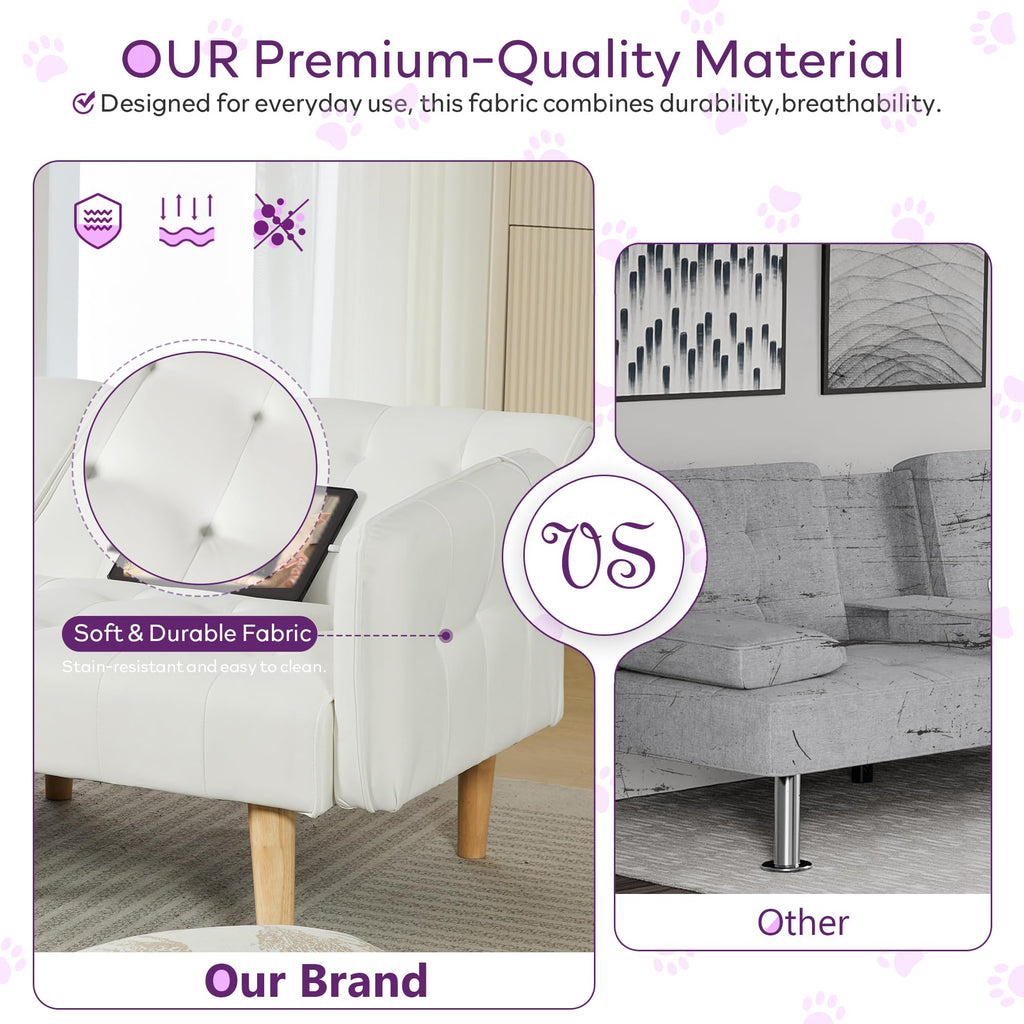 Modern White Faux Leather Upholstered Convertible USB Folding Futon Sofa Bed, 65" Couch, Love Seats Furniture for Small Space Configuration, Office, Apartment, Dorm, Living Room