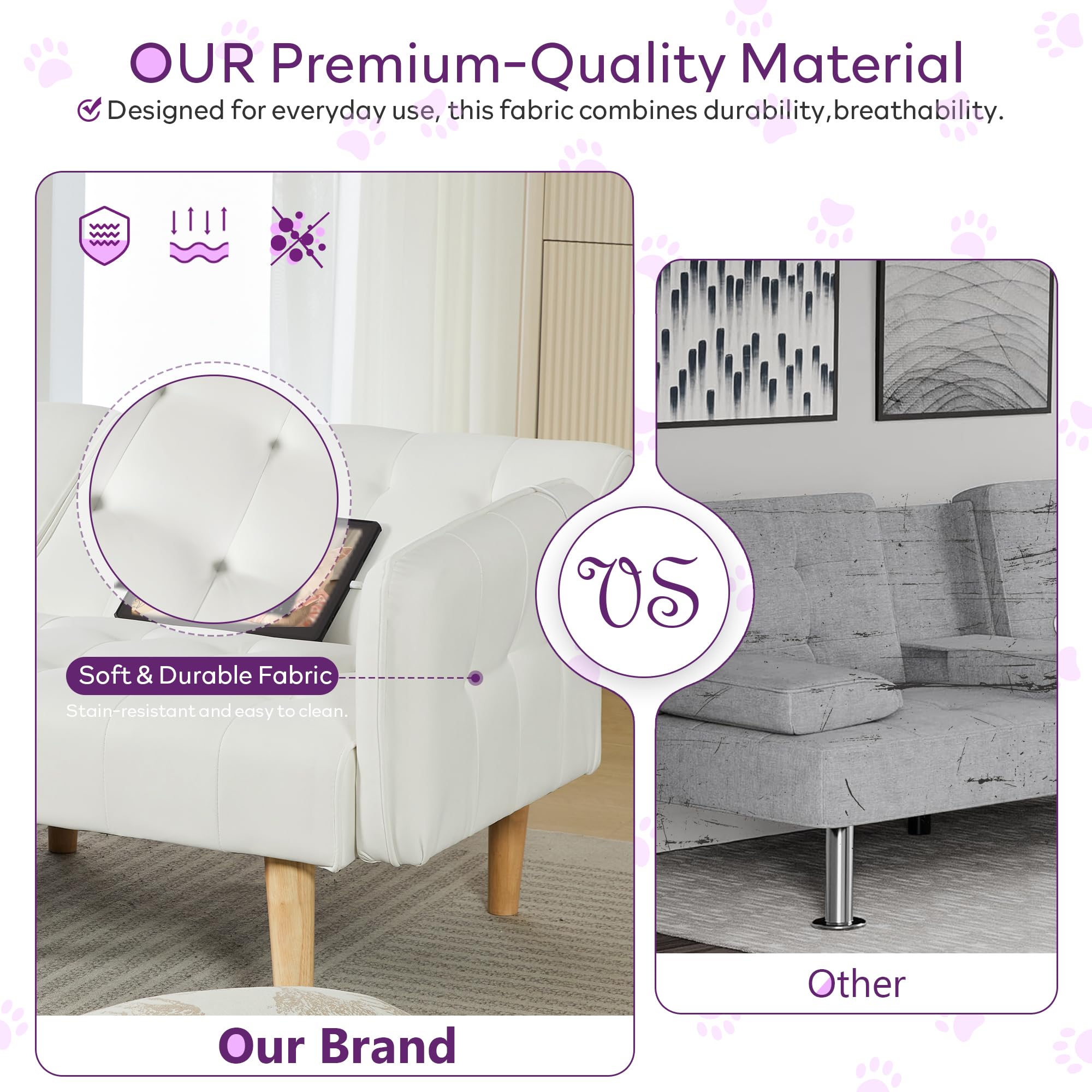 Modern White Faux Leather Upholstered Convertible USB Folding Futon Sofa Bed, 65" Couch, Love Seats Furniture for Small Space Configuration, Office, Apartment, Dorm, Living Room