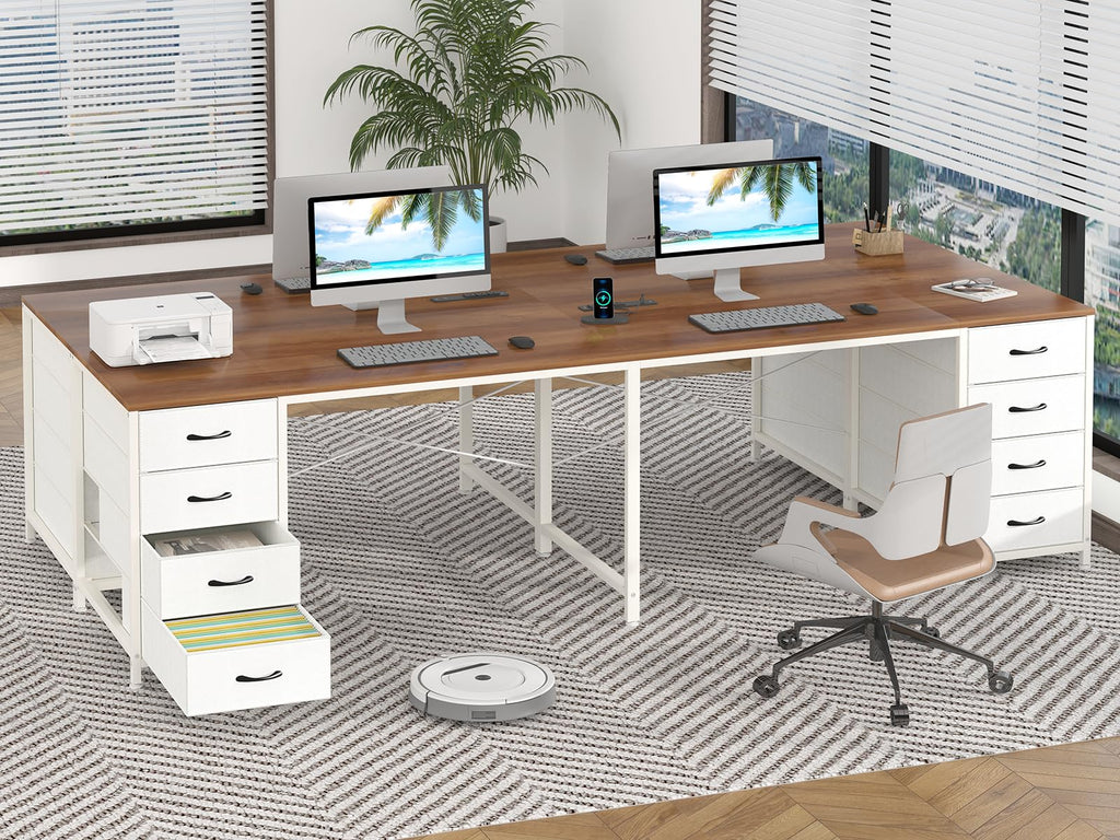 95'' Two Person Desk with 8 Drawers, Long Office Desk with Charging Station, 2 Person Desks Double Desk Writing Study Table for Home Office, Brown and White