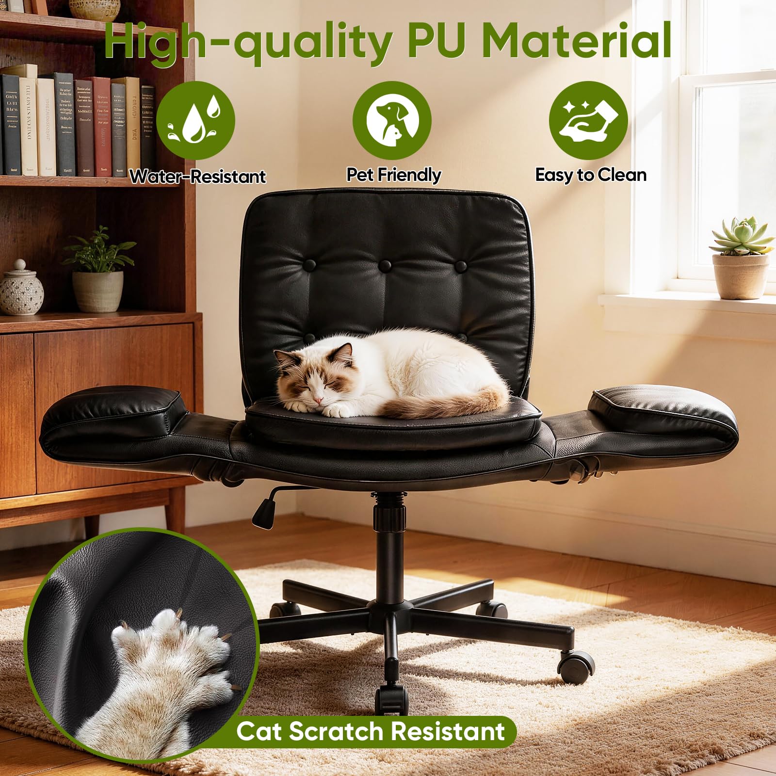 Criss Cross Chair with Wheels & Armrests, Scratch-Resistant PU Leather Vanity Chair, Comfy Wide Height Adjustable Computer Office Desk Chair for Home Office, Make Up, Bedroom (Black)