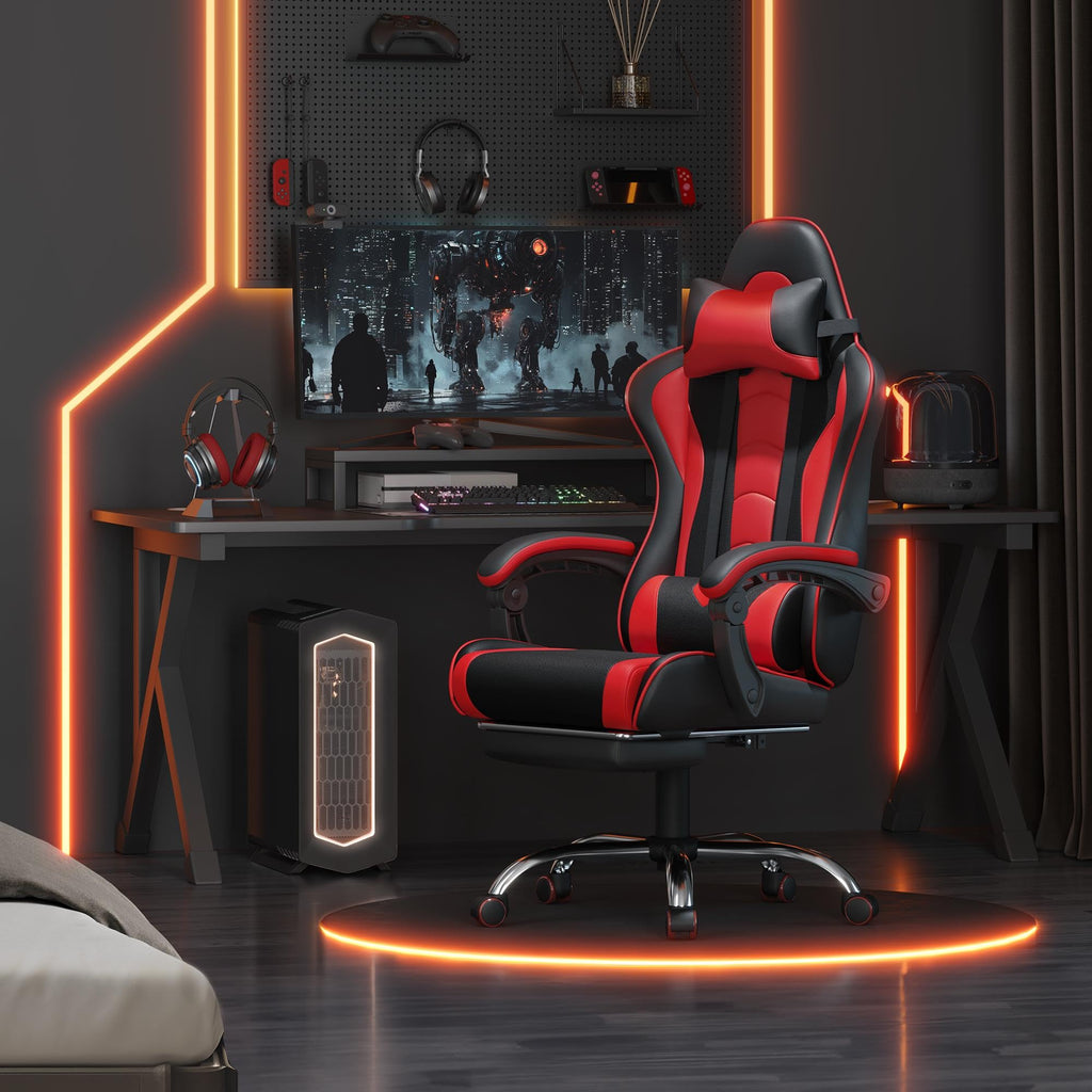 Gaming Chair, Video Game Chair with Massage Lumbar Support and Footrest Height Adjustable Ergonomic Computer Chair with Swivel Seat and Headrest, Black/Red