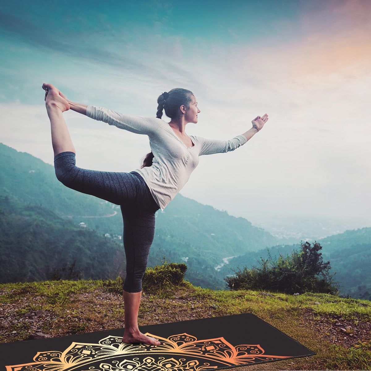 Non Slip Hot Yoga Towel, 70"x26", Golden Mandala