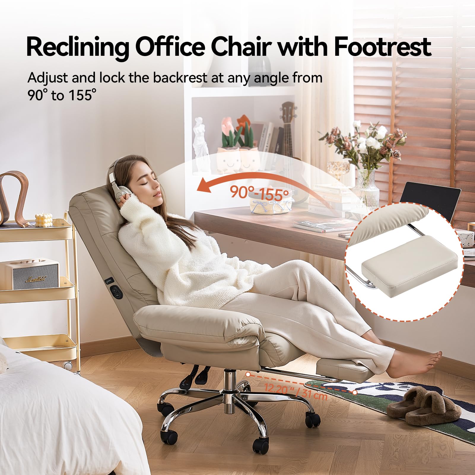 Heated and Massage Office Chair with Foot Rest Criss Cross Chair with Wheels and Flip-up Arms Reclining Desk Chair Comfy Wide Seat PU Leather Rolling Computer Home Office Chair (Beige)