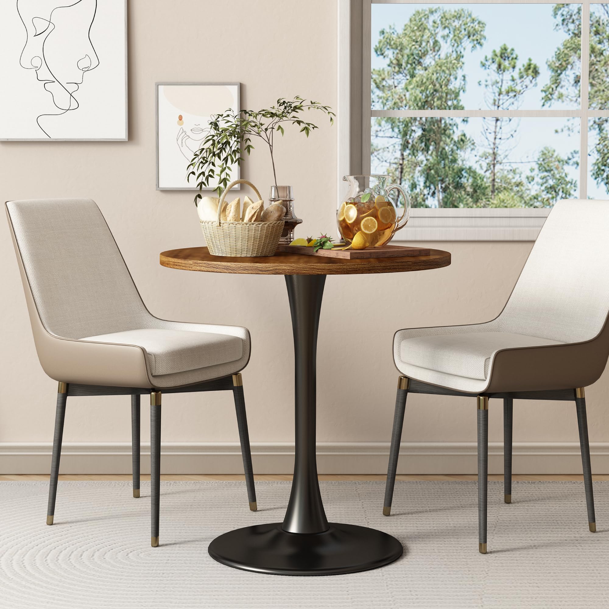 Kasinali Round Dining Table 27.5" Circle Tulip Table with Wood Thickened Tabletop & Sturdy Metal Pedestal Mid Century Modern Farmhouse Kitchen Tables for 4 Small Places Living Room Cafe,Somber Walnut