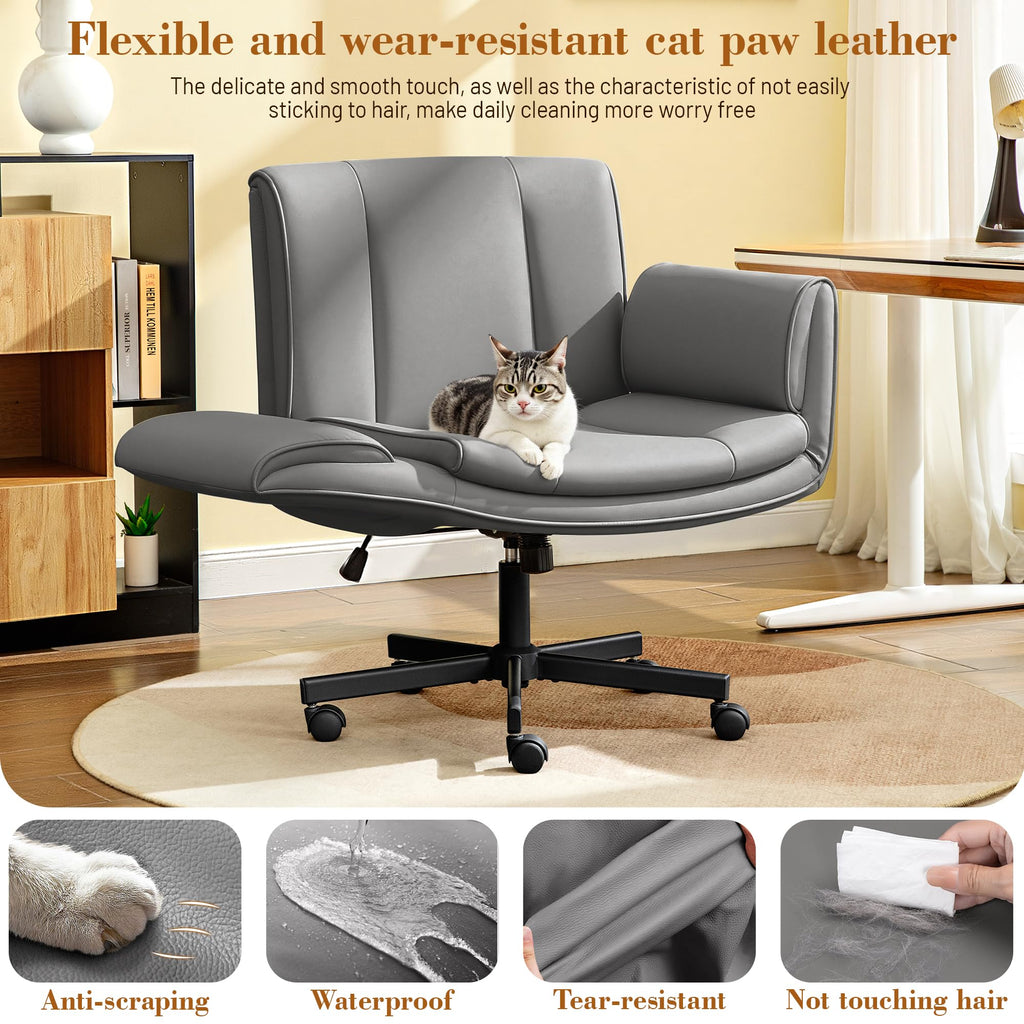 Criss Cross Chair with Wheels & Armrests,Comfy Wide Vanity Chair,Scratch-Resistant Pu Leather Cross Legged Desk Chair,Height Adjustable Computer Office Desk Chairs for Home,Makeup,Bedroom