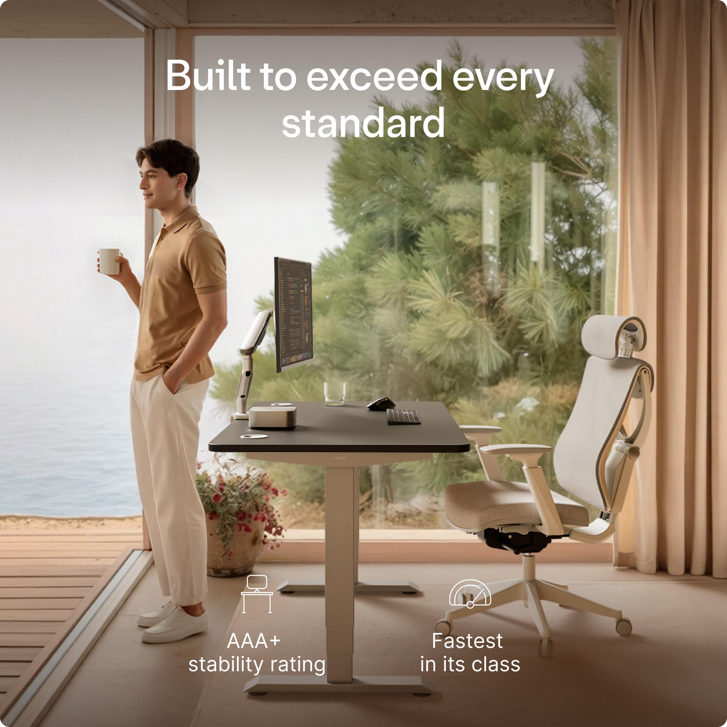 Standing Desk 48x24 — Made in Europe, Ergonomic Sit Stand Home Office Desk, Electric Height Adjustable, Dual Motor, USB & USB-C Charging, Wobble-Free, Touchscreen, 3 Memory Presets