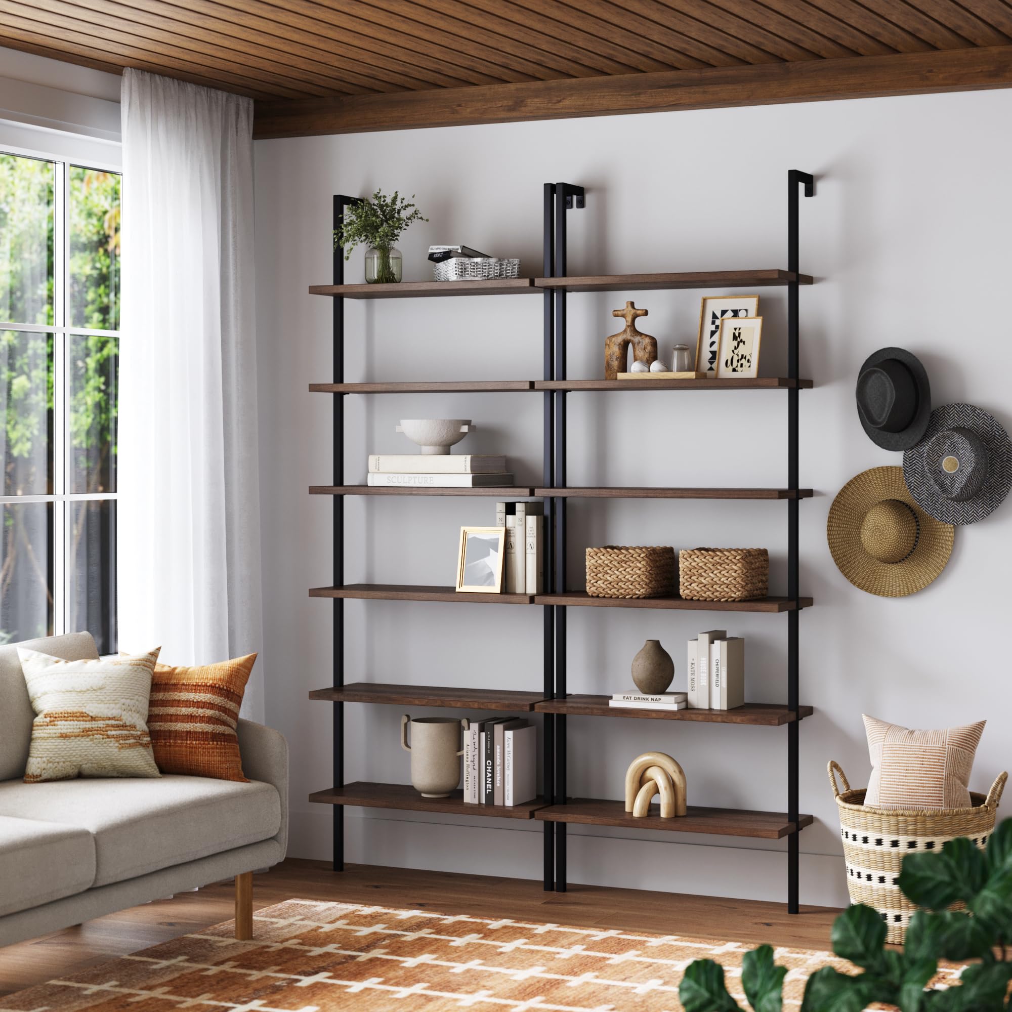 6-Shelf Tall Bookcase, Wall Mount Bookshelf with Reclaimed Oak Wood and Industrial Metal Frame, Reclaimed Oak/Matte Black, Set of 2