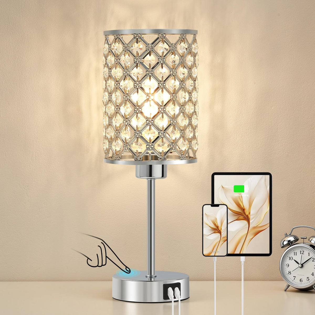 Crystal Table Lamp, Silver Touch Lamp with USB C+A Port, 3-Way Dimmable